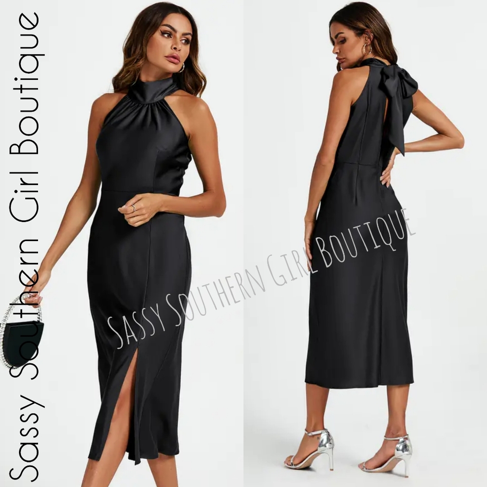 🆕⭐ Black Satin Halter Neck Midi Dress